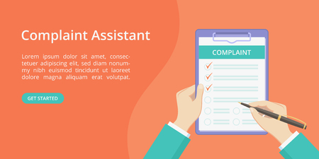 Complaint form on clipboard with hands landing page concept. Online assistant service website page vector concept, check list with complaint survey. Red landing illustration with hand and clipboardのイラスト素材