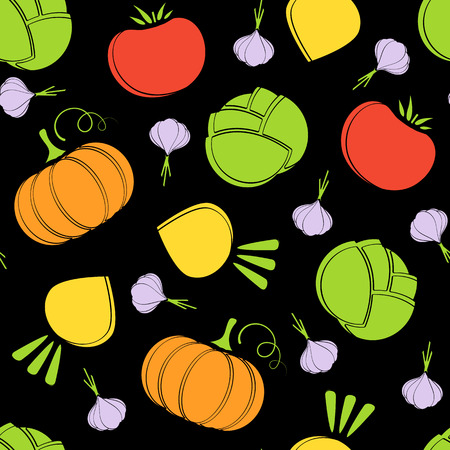 Silhouette seamless vegetable pattern vector flat illustration. Fresh food black pattern in natural colors with autumn vegetable seamless element for healthy vegetarian menu or organic fabric printのイラスト素材