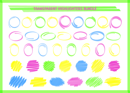 Transparent highlight pen circle frame set vector illustration. Collection of round border and felt pen scribbles in neon colors for news hand drawn highlight design or school whiteboard style drawingのイラスト素材