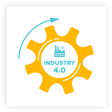 Industry 4.0 gear and factory icon vector illustration. Orange cogwheel and blue factory icon with sign INDUSTRY 4.0 inside manufacturing technology revolution with digital system and smart automationのイラスト素材