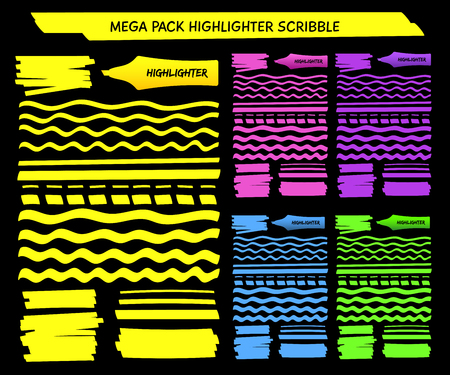 Yellow highlight pen hand drawn lines set vector illustration. Collection of wavy, dashed and straight highlight marks in green and violet, blue and pink felt pen colors for office style designのイラスト素材