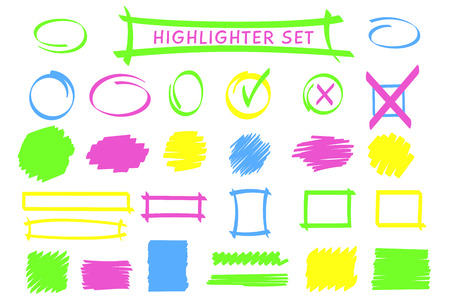 Neon highlight pen frames and scribble set vector illustration. Group of highlight classified boxes, felt pen frames, blob brush sketchy checkmarks for planning diagram design and sketchy mind mapsのイラスト素材