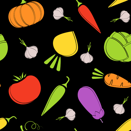 Outline seamless vegetable pattern vector flat illustration. Modern black pattern design with autumn vegetable seamless texture in natural colors for healthy diet decor or vintage wallpaperのイラスト素材