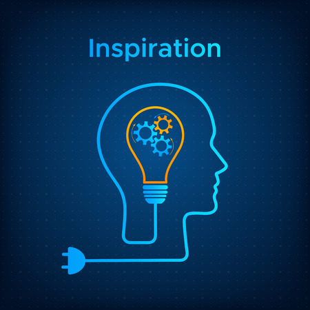 Head silhouette lightbulb inspiration concept vector illustration. Creative thinking graphic with head profile, gear machine and light bulb. Blue human silhouette with technology background concept.のイラスト素材
