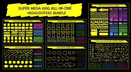 Highlight marker sketchy scribble set vector illustration. Hand drawn square and round highlight frames, cloud bubbles, talk symbols and arrows bundle in felt marker neon colors for every your needのイラスト素材