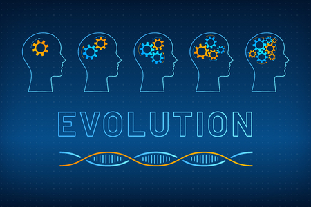 Head silhouette with gear brain evolution concept vector illustration. Face profile with evolving gear mechanism brain, blue, orange dna molecule helix and big sign evolution on tech backgroundのイラスト素材