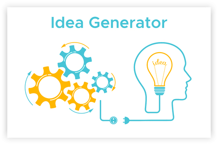 Head silhouette lightbulb creative idea concept vector illustration. Idea generator graphic with head profile, gear mechanismht bulb. Blue human silhouette with orange lightbulb idea concept.のイラスト素材