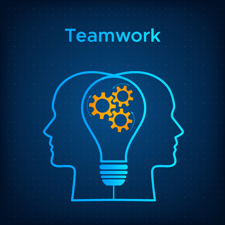 Heads silhouette lightbulb creative teamwork concept vector illustration. Blue human profile with bulb silhouette and orange cogwheel. Line head with technology background business team conceptのイラスト素材