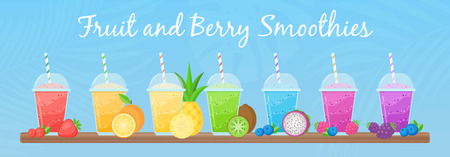 Vitamin smoothie cocktail summer set vector illustration. Fresh juice shaken energy cocktail in glass, rainbow colors with fruit collection for vitamin beverage take away or detox diet design promoのイラスト素材