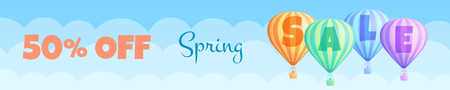 Hot air balloon sale travel vector illustration. Gift voucher or discount banner with colorful striped hot air balloons, white clouds and summer blue sky and sign Spring Sale. Clipping mask applied.のイラスト素材