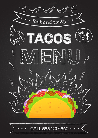 Mexican cuisine fastfood tacos menu vector illustration. Retro flame chalk hand draw design with tasty beef meat, salad and tomato in delicious taco with sign Hot Tacos Menu for cafe design or partyのイラスト素材