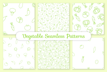 Silhouette vegetable seamless pattern set vector flat illustration. Food pattern design with line vegetable seamless texture in green and white color for organic fabric print or wallpaper templateのイラスト素材