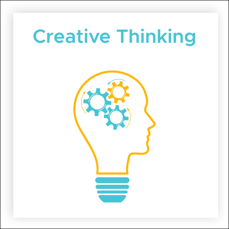 Gear head lamp creative idea concept vector illustration. Contour human profile silhouette with bright lightbulb and gear inside. Orange line lamp with head and cogwheel creative business concept.のイラスト素材