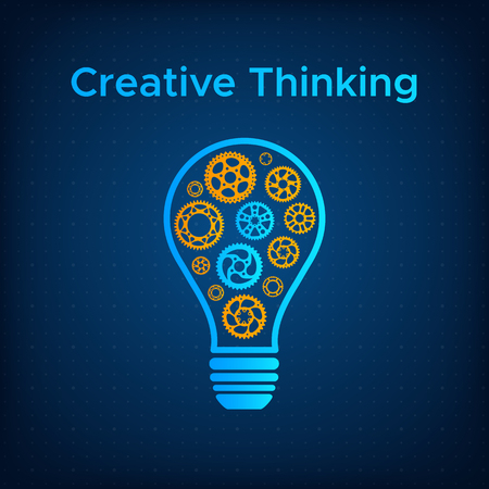Cogwheel lightbulb creative idea concept vector illustration. Creative thinking graphic with gear and light bulb. Blue lamp silhouette with orange cogwheel innovation technology background conceptのイラスト素材