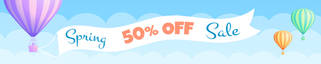 Hot air balloon travel sale vector illustration. Spring sale offer template with colorful striped hot air balloons with discount banner in white cloud on summer blue sky Clipping mask applied.のイラスト素材