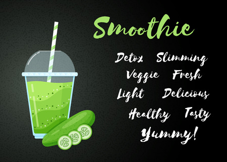 Green smoothie cucumber cocktail flat vector illustration. Fresh vegetarian smoothies drink with green layers glass with cup and straw. Raw pineapple fruit and sign Smoothie for fast food menu designのイラスト素材