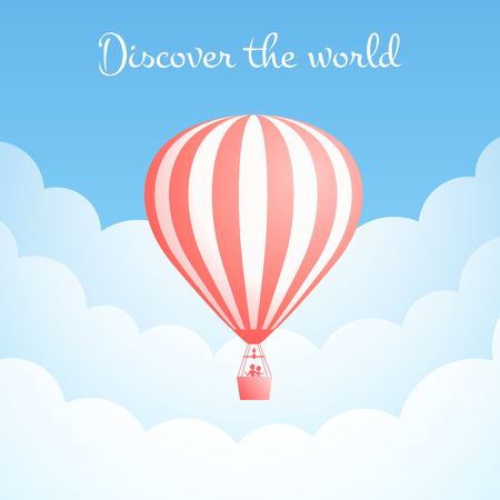 Hot air balloon cloud travel vector illustration. Carnival entertainment social media banner or romantic adventure offer with red hot air balloons in white cloud on blue sky. Clipping mask applied.のイラスト素材
