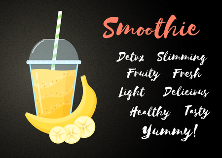 Yellow banana smoothie vitamin drink vector illustration. Tasty natural fruit, straw and glass with yellow layers of smoothies cocktail. Horizontal poster, sign Smoothie for healthy detox web bannerのイラスト素材