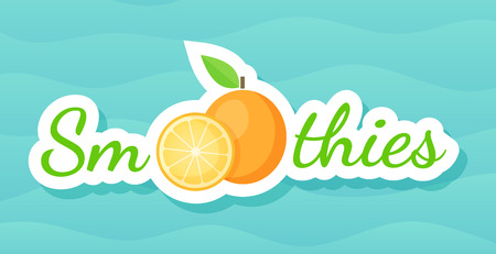 Orange sticker fruit smoothie shake logo vector illustration. Fresh vegetarian smoothies drink label with raw fruit and tag Smoothie for decoration shop sticker, promo discount or sale offer bannerのイラスト素材