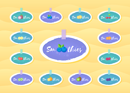 Fruit and berry smoothie shake sticker set vector illustration. Hand drawn sign Smoothies on blue background on smoothie drink cocktail sticker for decoration shop label or promotion discount conceptのイラスト素材
