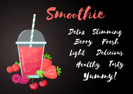 Red berries smoothie vitamin drink vector illustration. Fresh smoothies drink with red layers in glass with cup and straw. Raw pineapple fruit and sign Smoothie for fitness landing page conceptのイラスト素材