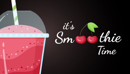 Red cherry smoothie vitamin drink vector illustration. Tasty natural berry, glass and cup with colorful layers of smoothies cocktail, smoothie logo for fast food menu design. Clipping mask applied.のイラスト素材