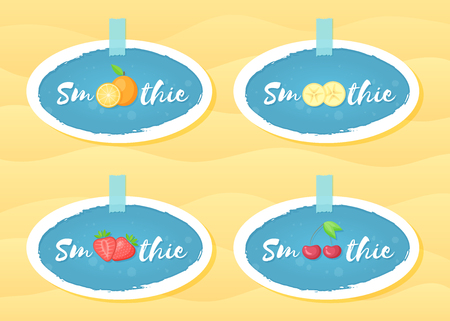Blue label set smoothie fruit shake vector illustration. Hand drawn sign Smoothie on blue background in white frame on smoothies drink cocktail label for offer drawing sign or store promotion artのイラスト素材