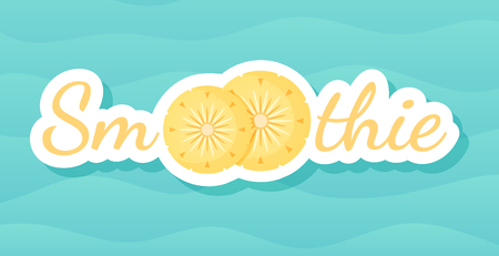 Yellow smoothie pineapple cocktail label vector illustration. Fresh vegetarian smoothies drink sticker with raw pineapple fruit and tag Smoothie for offer label drawing or shop decoration design,のイラスト素材