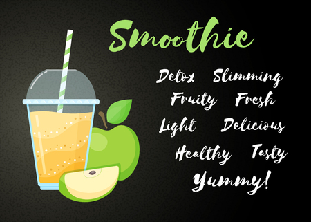 Yellow natural smoothie apple shake vector illustration. Big sign Smoothie, glass with cup and straw, filled with sweet tasty smoothies drink cocktail for fast food menu design or healthy detox bannerのイラスト素材