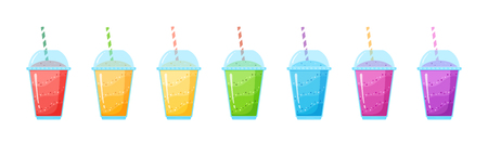 Fresh fruit smoothie shake cocktail set vector illustration. Coolection of glass with layers of sweet vitamin juice cocktail or protein shake in rainbow colors for smoothies summer menuのイラスト素材