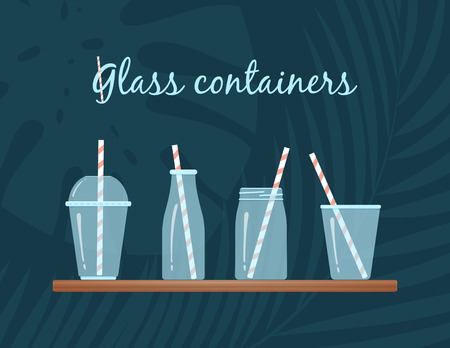 Drinking glasses collection with straw vector illustration. Transparent glass containers with striped straw at wooden bar on tropical background for natural fresh cocktails, smoothies or milkshakesのイラスト素材