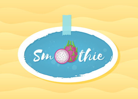 Blue label smoothie pitaya shake vector illustration. Fresh vegetarian smoothies drink label with raw pitaya fruit and hand drawn tag Smoothie with white frame for promotion discount conceptのイラスト素材