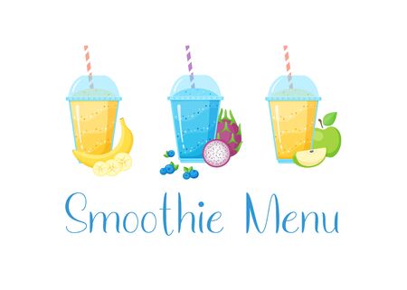 Smoothie vitamin drink set vector illustration. Fresh vegetarian smoothies drink with colorful layers in glass, raw fruit and sign Smoothie Menu isolated on white background for fitness landing pageのイラスト素材
