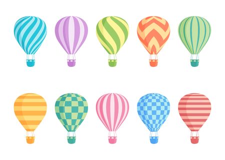 Hot air balloon isolated colorful set. Collection of colourful balloons with patterns zig zags, wavy lines, striped or checkered with basket and hot air in retro styleのイラスト素材