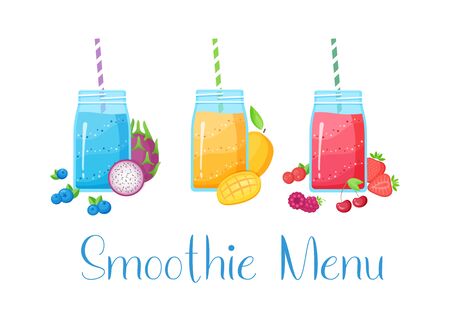 Set of smoothie fruit cocktail  illustration. Tasty natural fruit, jar with colorful layers of smoothies cocktail isolated on white background and Smoothie Menu sign for summer bar designのイラスト素材