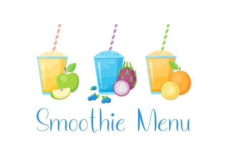 Set of fruit smoothie cocktail illustration. Fresh smoothies drink with colorful layers in glass and raw fruits isolated on white background for fast food menu design or detox bannerのイラスト素材