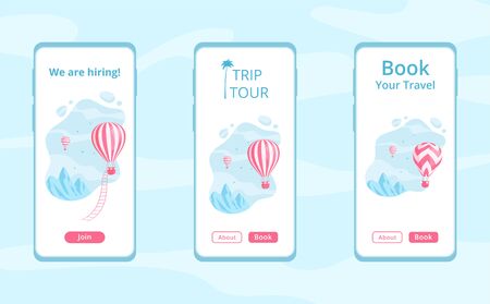 Mobile app template with hot air balloon  illustration set. Travel online booking service concept, job hiring offer mobile app template with red hot air balloon on blue mountain landscape.のイラスト素材