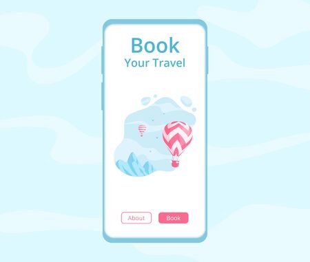 Online travel booking mobile app concept vector illustration. Red hot air balloon on blue mountain landscape with Book Travel message on mobile screen application template for online booking serviceのイラスト素材