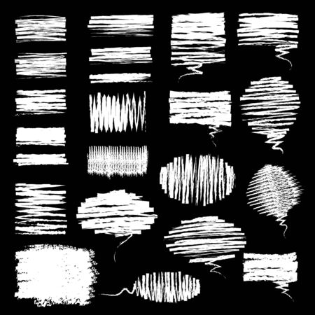 Hand drawn chalk style brush graphic set. Hand drawings with scribbled square talk cloud, round speech bubble, and chalked sketchy rectangle box. Vector illustration for text memo designのイラスト素材