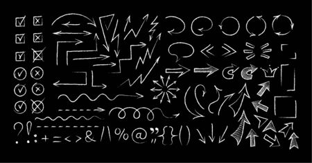 Sketchy arrow chalk style set vector illustration. Group of chalked arrows and checkboxes, chalk marker style symbols for hand drawn diagrams, mind maps and communication highlight drawingsのイラスト素材