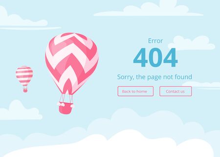 Hot air balloon with red zig-zags on blue sky scape with warning message, error 404, sorry page not found, and interface template for travel website or booking mobile app 404 error conceptのイラスト素材