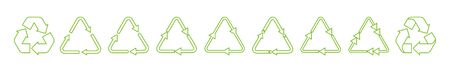 Triangle arrows recycle icons set vector illustration. Contour arrow reuse process or lyfecycle symbols in triangle shape for enviromental presentation or eco friendly services websiteのイラスト素材
