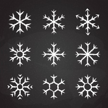Frozen snowflake symbol collection vector illustration. Chalk style line white snowflakes isolated on blackboard for abstract christmas celebration design or winter season decoration ornamentのイラスト素材
