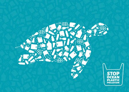 Plastic waste ocean environment problem concept vector illustration. Turtle marine reptile outline filled with plastic trash flat icons. Sustainable lifestyle graphic, environmental protection conceptのイラスト素材