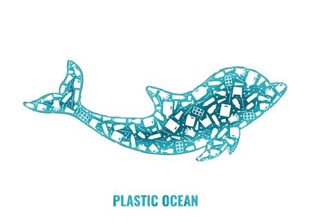 Plastic trash planet pollution concept vector illustration. Dolphin marine mammal outline filled with plastic waste flat icon. Zero waste concept, microplastic pollution problem graphic.のイラスト素材