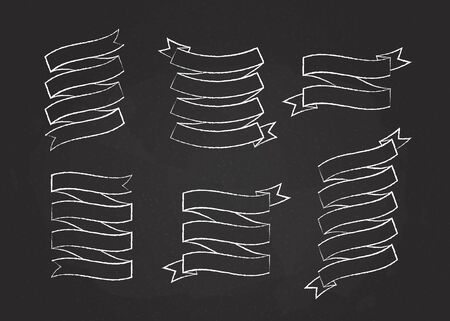 Chalk stroke blank label ribbon vector set illustration. Vintage design white chalk style curly ribbon labels and curved scroll flags or sticker banners with blank space for premium offer advertisingのイラスト素材