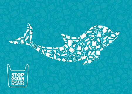 Stop ocean plastic pollution concept vector illustration. Dolphin marine mammal outline filled with plastic trash flat icons. Prevent ocean pollution ecology concept, sustainable lifestyle graphic.のイラスト素材