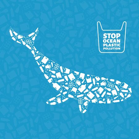 Stop ocean plastic pollution concept vector illustration. Whale marine mammal outline filled with plastic trash flat icons. Prevent ocean pollution ecology concept, sustainable lifestyle graphic.のイラスト素材