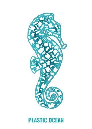 Plastic waste ocean environment problem concept vector illustration. Seahorse marine fish outline filled with plastic trash flat icons. Sustainable lifestyle graphic, environmental protection conceptのイラスト素材