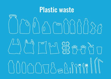 Plastic containers and single use dishes set vector illustration. Plastic waste problem symbol...